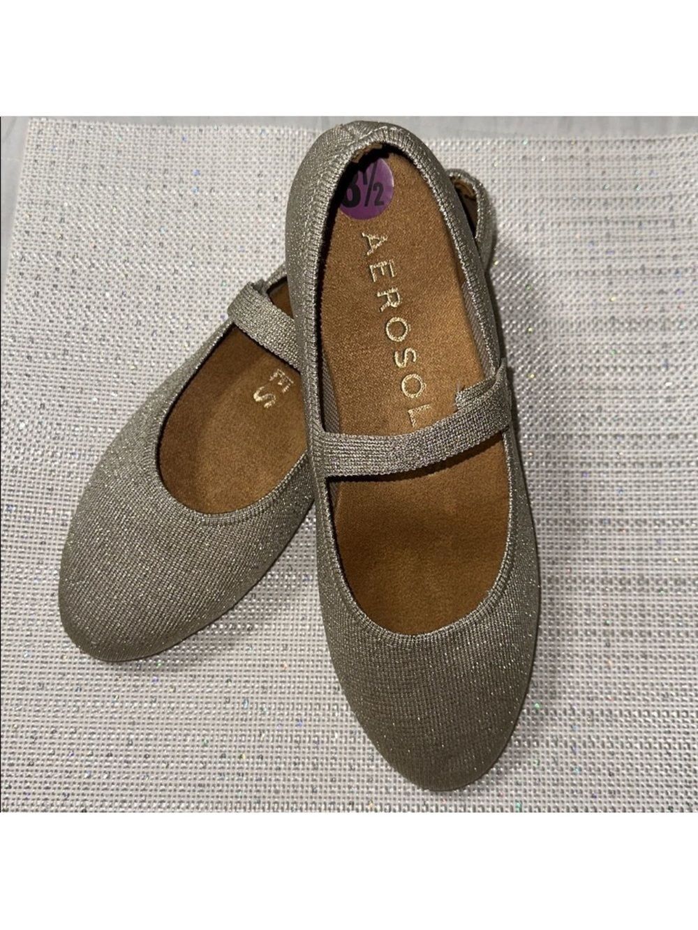 AEROSOLES 8.5 BOAZ Tan Gold Metallic Comfortable Knit Mary Jane Ballet Flats